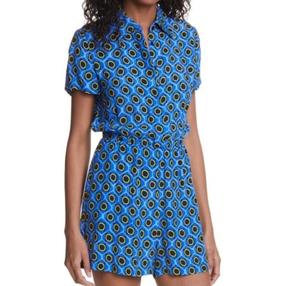 EUC Alice + Olivia Lanna Blue Yellow Black Printed Romper Size 8 Runs Like 6 - Picture 1 of 6